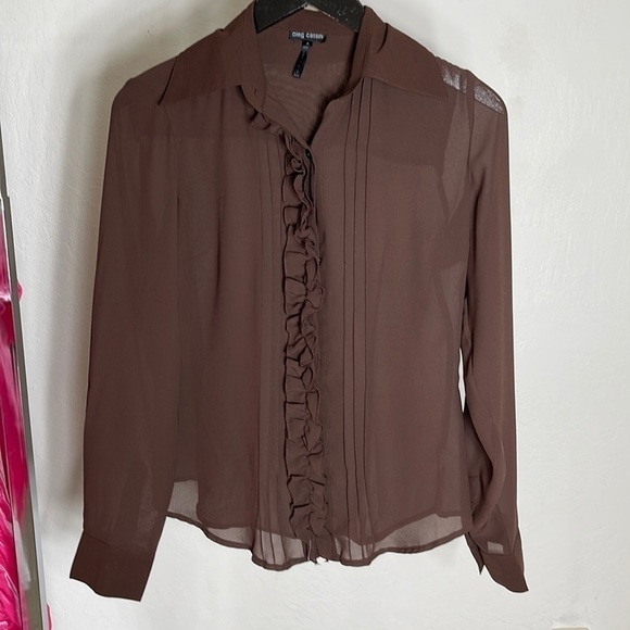 Oleg Cassini Long Sleeve Semi-Sheer Brown Ruffle Pleated Blouse | Size 4 - Picture 3 of 5